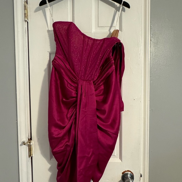 Miss Circle Darlene Fuchsia Off Shoulder Corset Satin Dress With Crystals - Picture 9 of 9